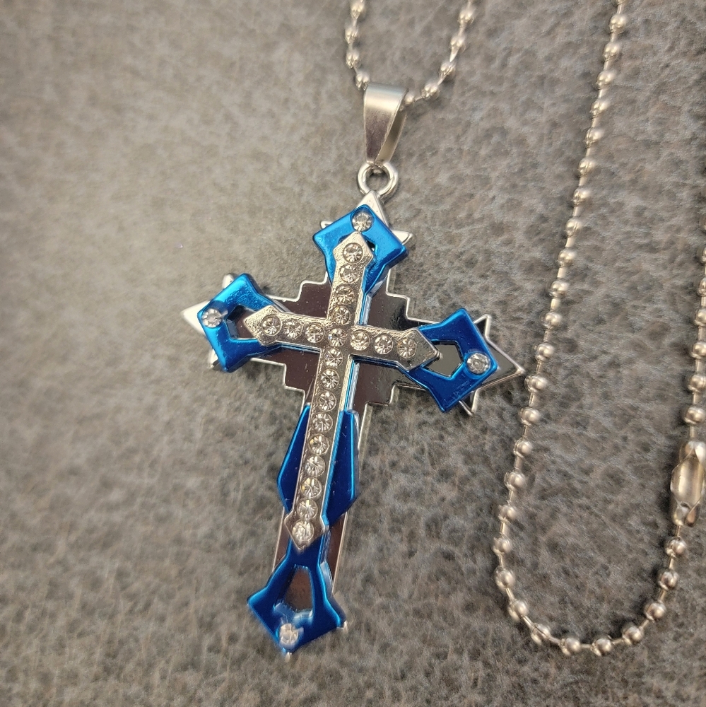Men's Ornate Blue and Silver Gemstone Cross Necklace